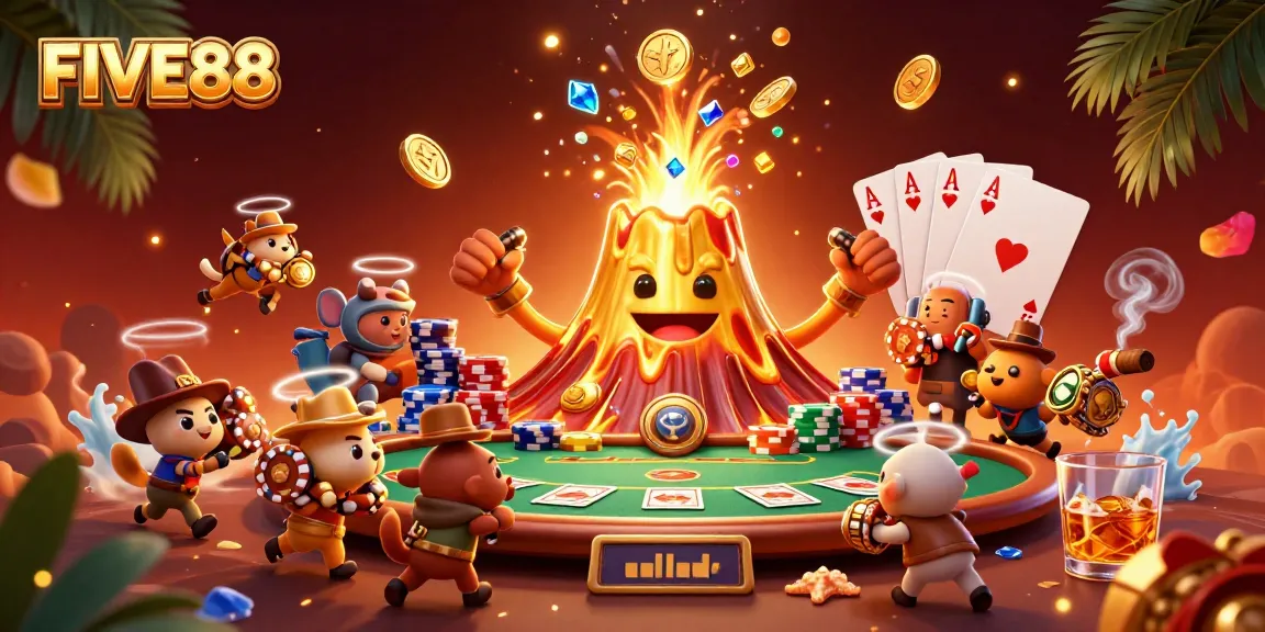 Win big at FIVE88 with a vibrant scene of a golden volcano, treasures, and poker elements.
