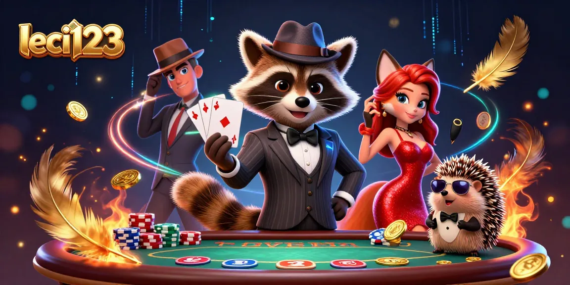 Play poker and win with leci123 in this vibrant 3D illustration featuring charismatic characters.