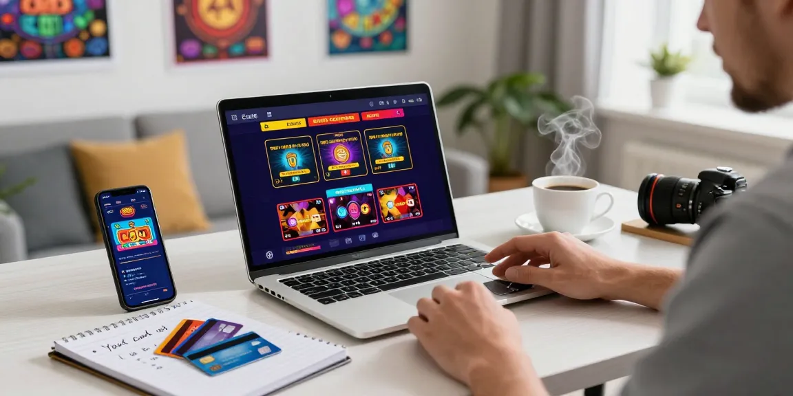 Explore credit card casinos and online gambling while browsing vibrant games and strategies at a modern desk setup.