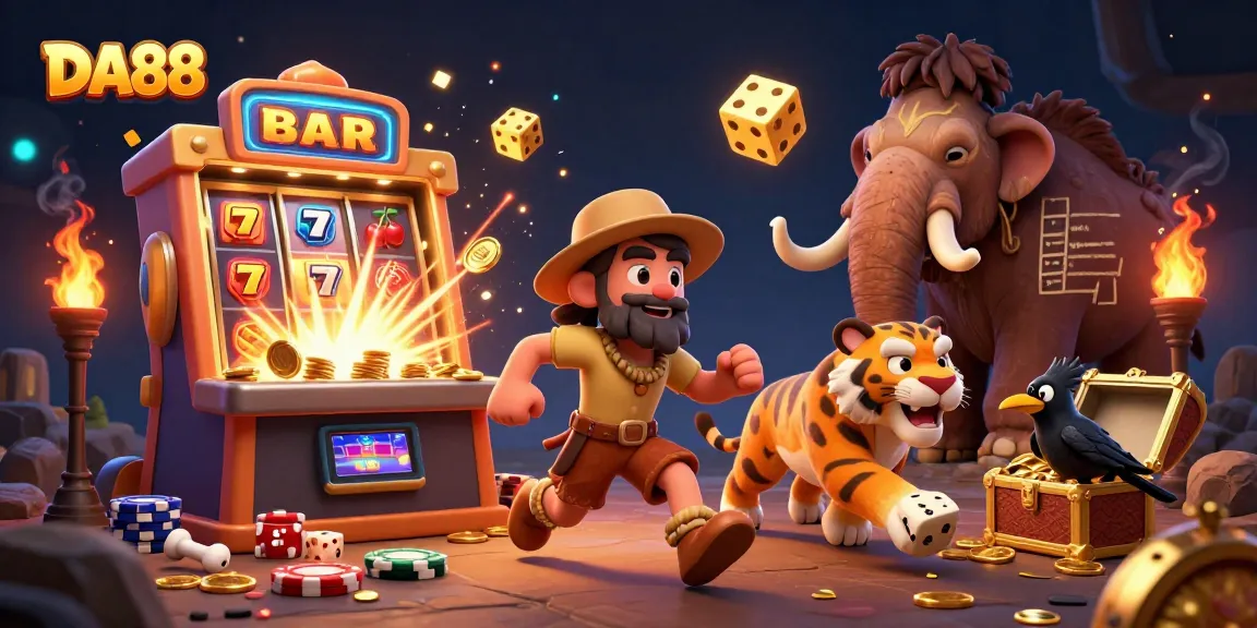 DA88 caveman and sabertooth duo celebrating a casino jackpot with vibrant symbols and gold.