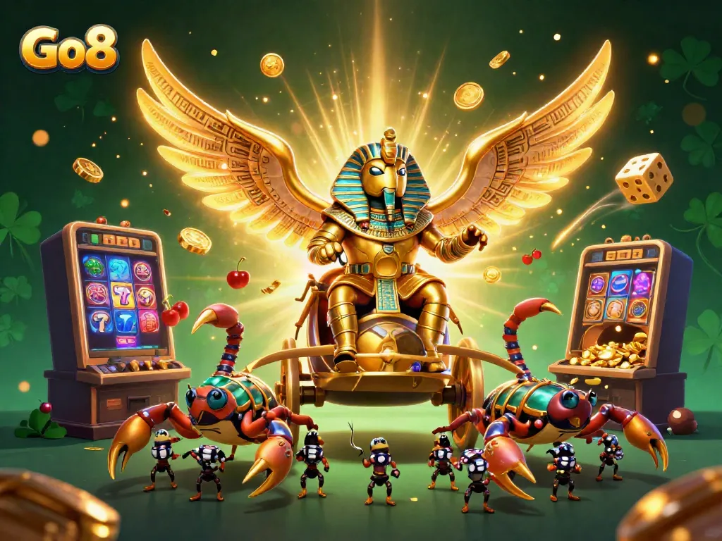 Experience the thrill of Go8 with an energetic casino-themed scene full of vibrant characters and game elements.