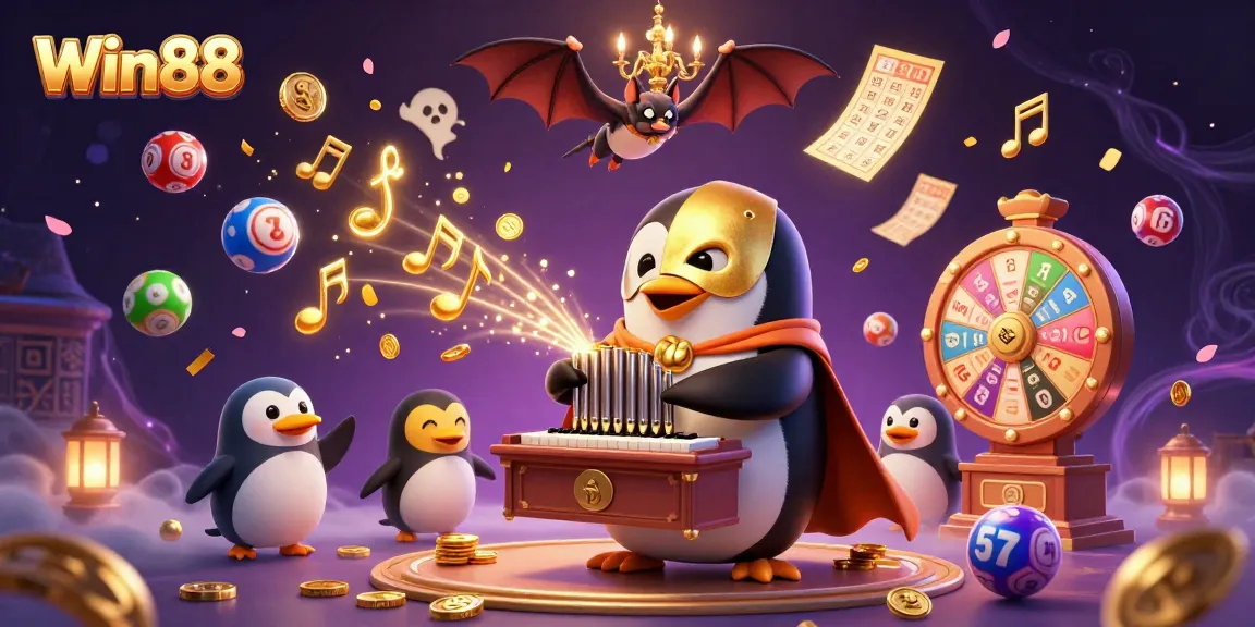 Win88 showcases vibrant casino elements in a dynamic illustration featuring a whimsical penguin.