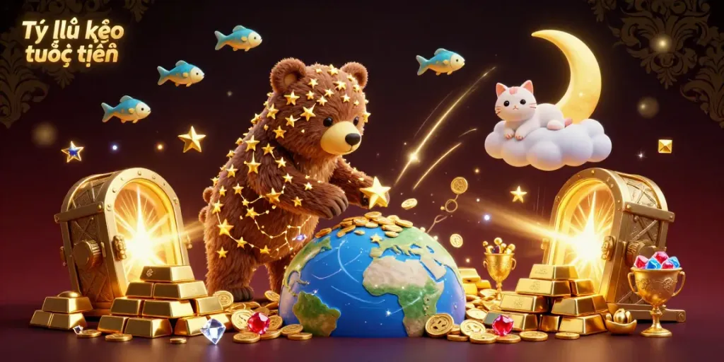 Discover the dynamic scene of Tỷ lệ kèo trực tuyến with a cosmic bear scooping coins amid a treasure burst, illustrating sports betting excitement.
