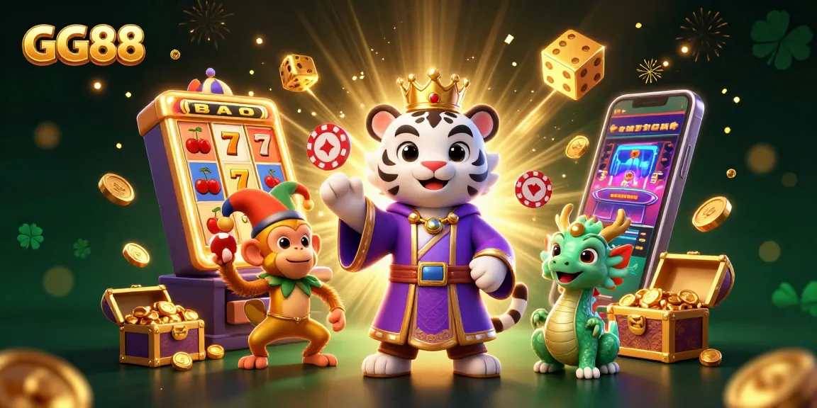 Experience the thrill of GG88 with a vibrant 3D casino scene featuring a royal tiger, jester monkey, and jackpot excitement.