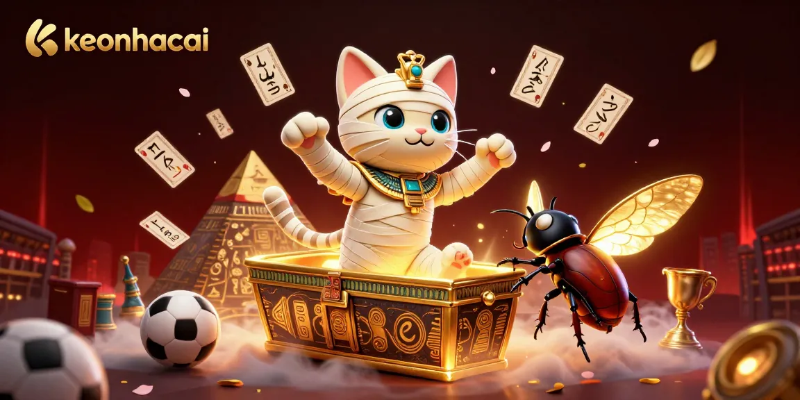 keonhacai features a 3D mummy cat in a casino surrounded by betting elements for thrilling sports wagering.