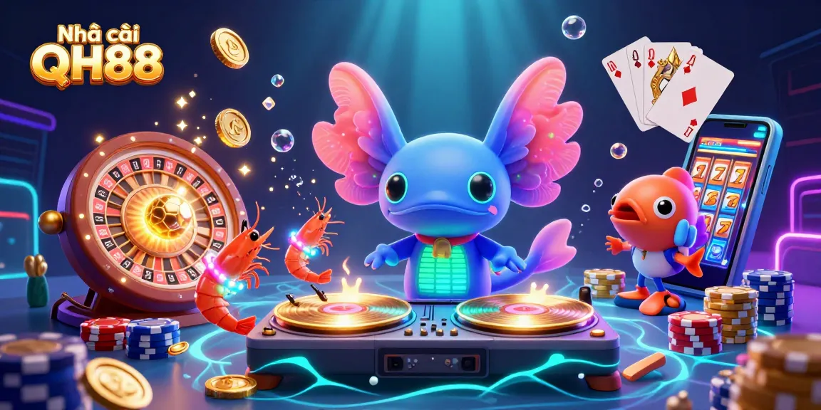 Engage with Nhà cái QH88's vibrant casino world, featuring colorful characters, slots, and dazzling casino elements.