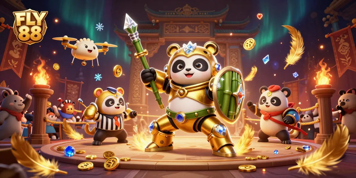 Engage in thrilling action at FLY 88 with vibrant casino-themed 3D illustration featuring a panda warrior.