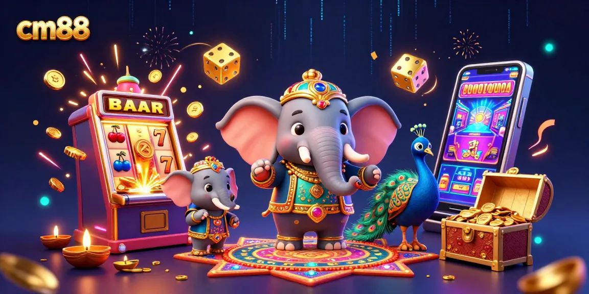 Experience cm88's vibrant casino scene with a playful elephant and peacock amidst a jackpot explosion.