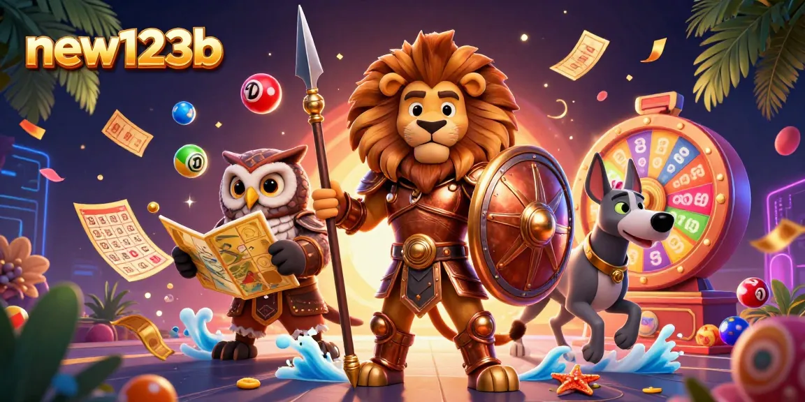 Experience the excitement at new123b with a vibrant 3D casino illustration featuring games and lotto elements.
