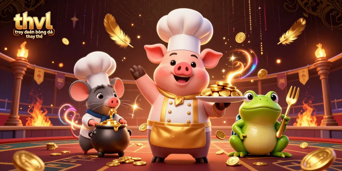 Experience thvl trực tiếp bóng đá thay thế with engaging elements in a vibrant 3D illustration of a chef pig and frog critiquing a gold feast.