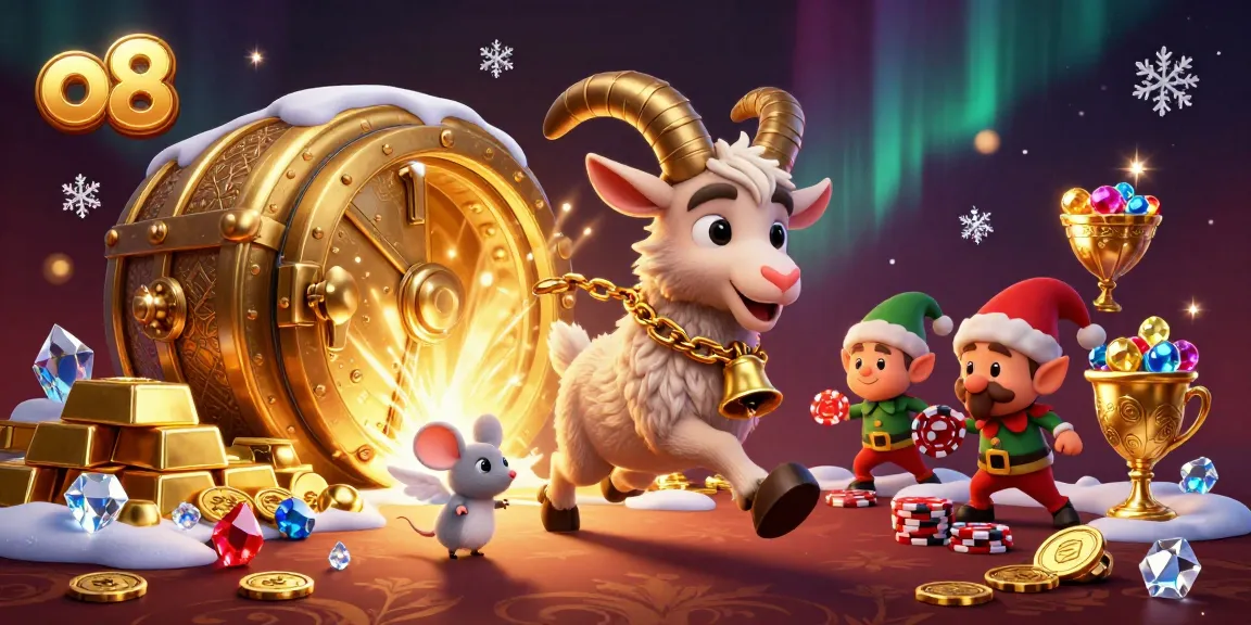 Win big at o8 with a lively casino scene featuring Krampus, an angel mouse, and playful gremlins.