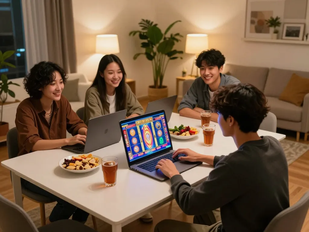 Engaging players enjoying slot pulsa games on a laptop during a cozy home gaming night
