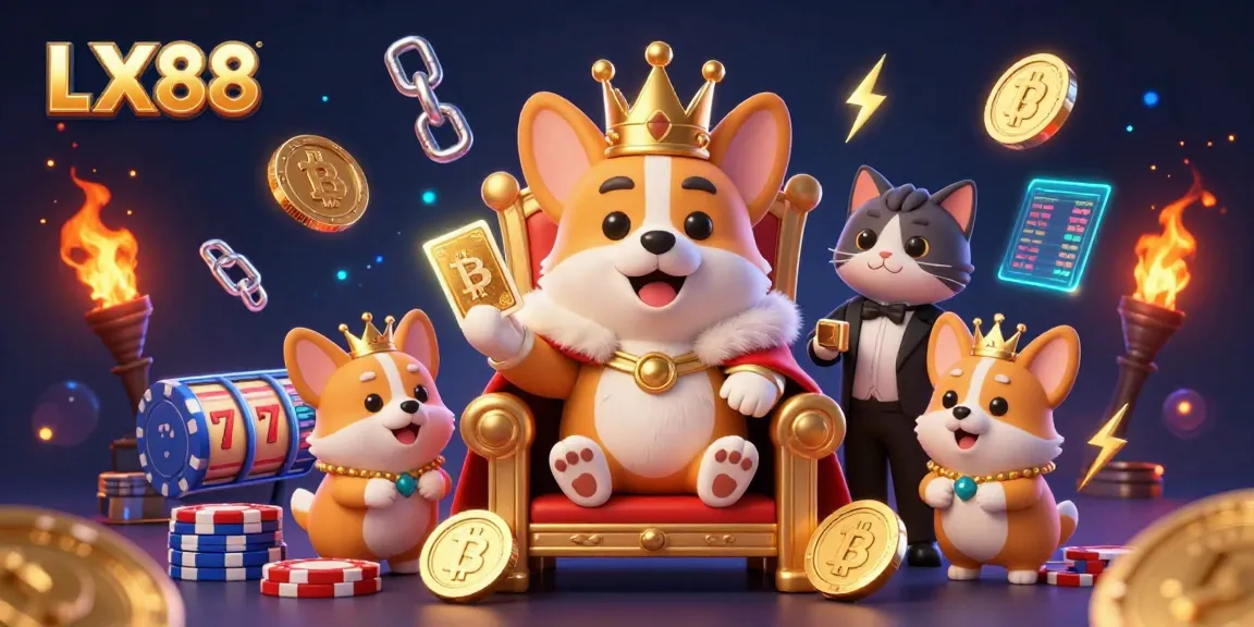 Play and win big at LX88, featuring a regal corgi crowned on poker chips surrounded by vibrant crypto elements.