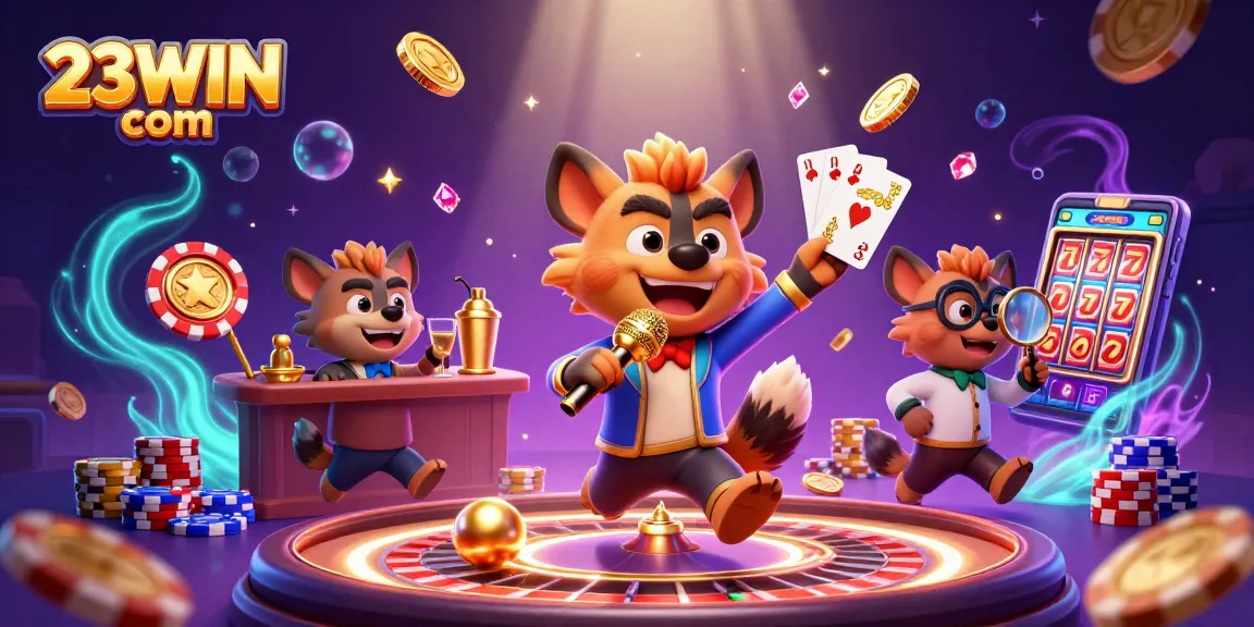 Enjoy the excitement of games at 23WIN com, featuring fun hyena characters in a vibrant casino scene.