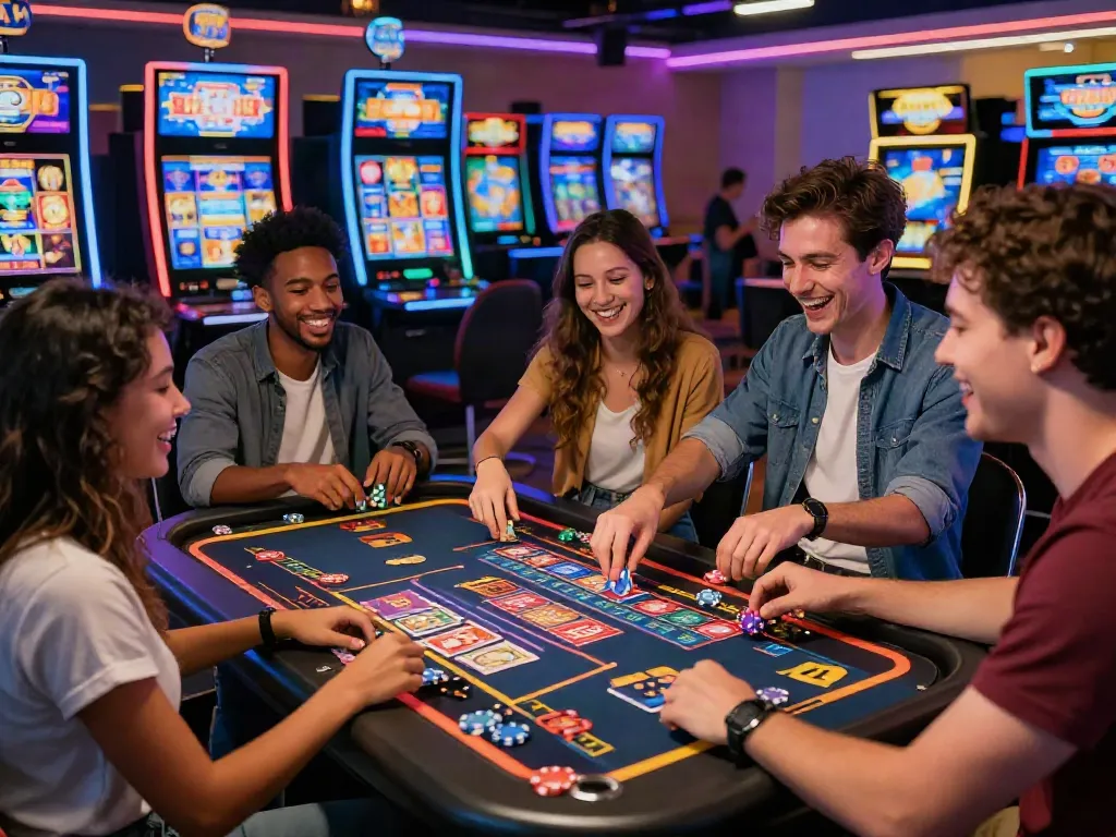 Friends enjoying a gaming experience at Casinos Sans depots, celebrating vibrant bonus offers and digital games.