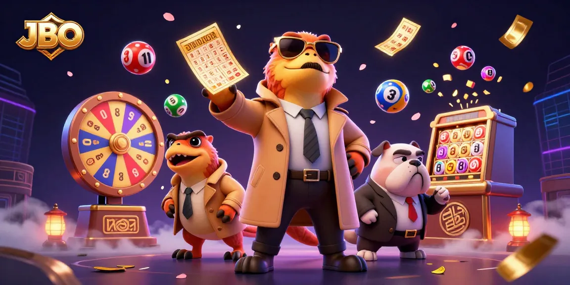Engage with exciting lottery games at JBO, as colorful balloons and thrilling prizes surround playful characters.