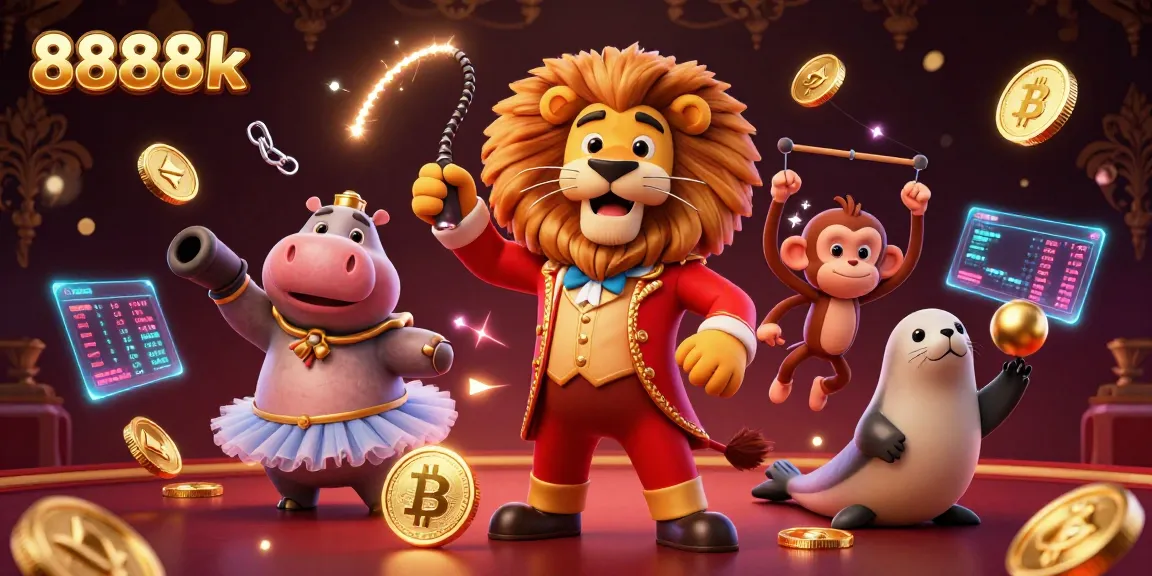 Engage in thrilling gambling action at 8888k with fantastical circus characters and crypto elements.
