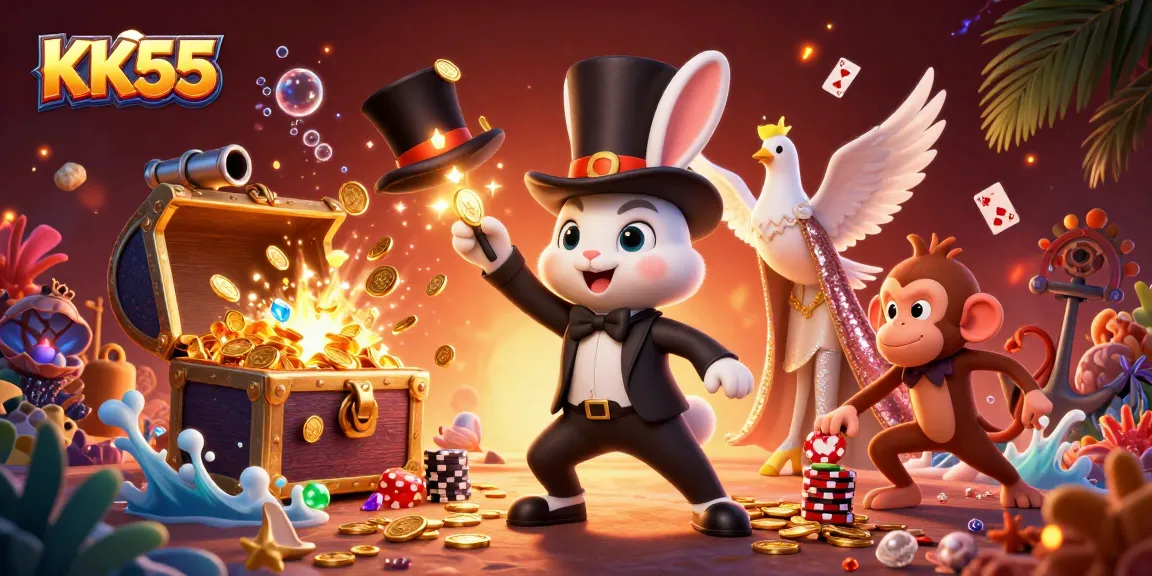 Experience captivating gaming at KK55 with a magical scene of animated characters and vibrant gambling elements.