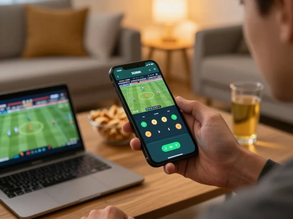 Player engaging with SC88 Link mobile app for precise betting during live match, showcasing a thrilling online gambling experience.