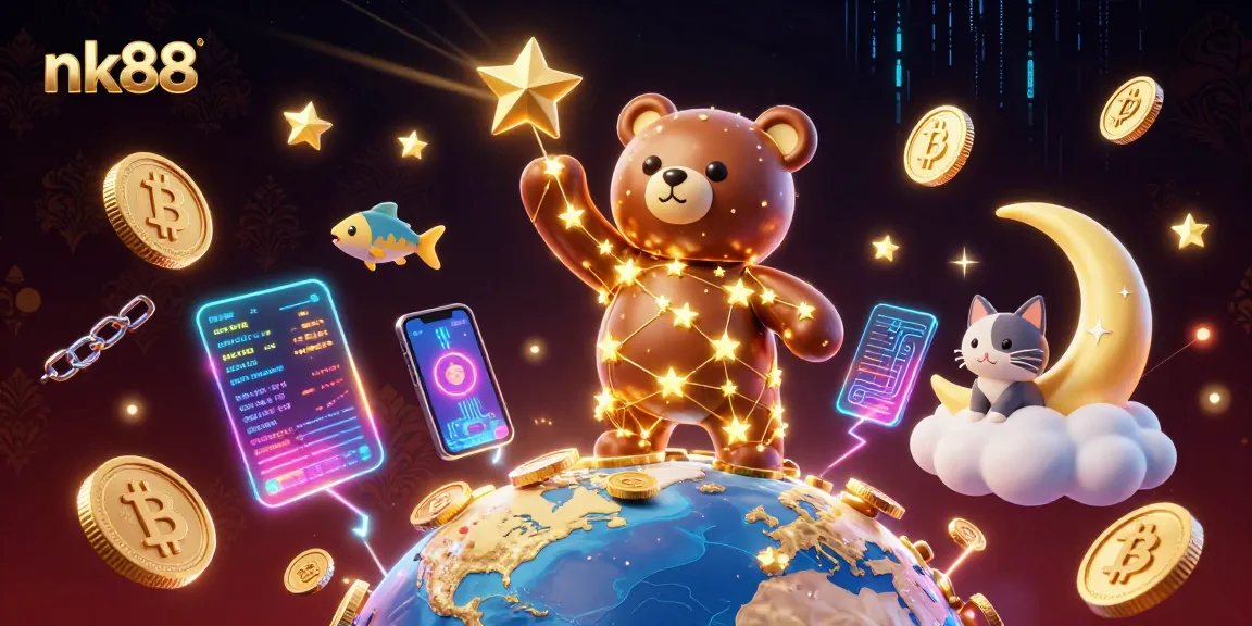Experience thrilling wins at nk88 with a constellation bear collecting coins in a vibrant digital casino.