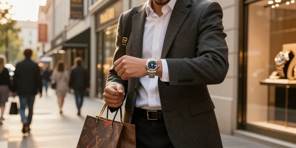 Stylish individual showcasing a rolex replica watch in an urban luxury setting.