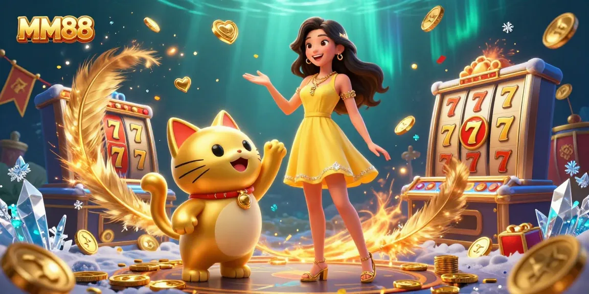 Experience big wins at MM88 with a cheerful woman and a golden lucky cat surrounded by slot game excitement.