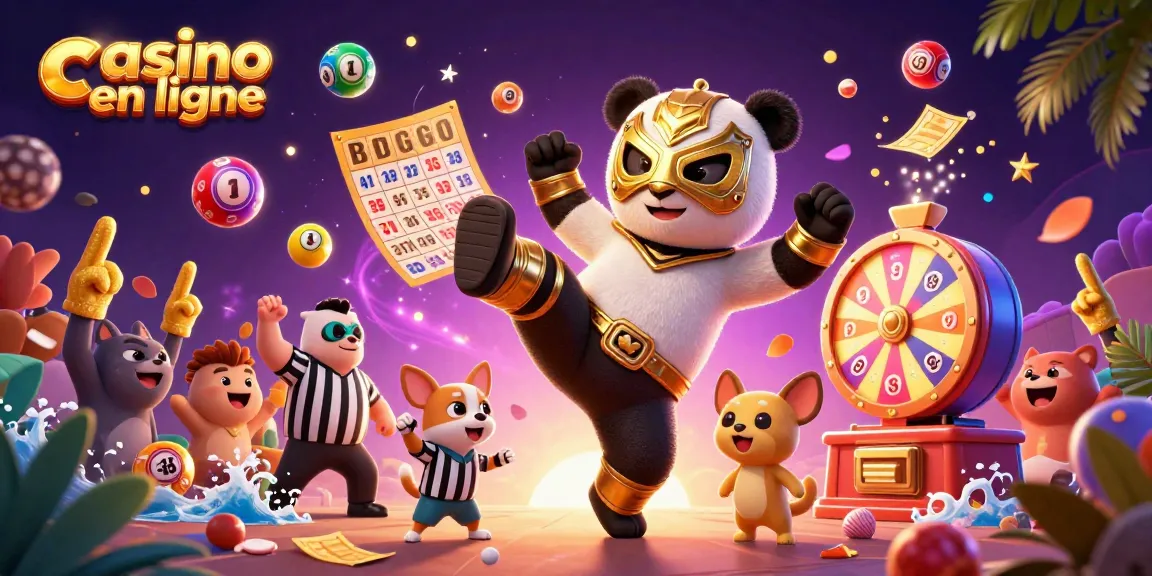 Illustration dynamique sur les jeux de casino en ligne avec un panda lutteur et des éléments de loterie.