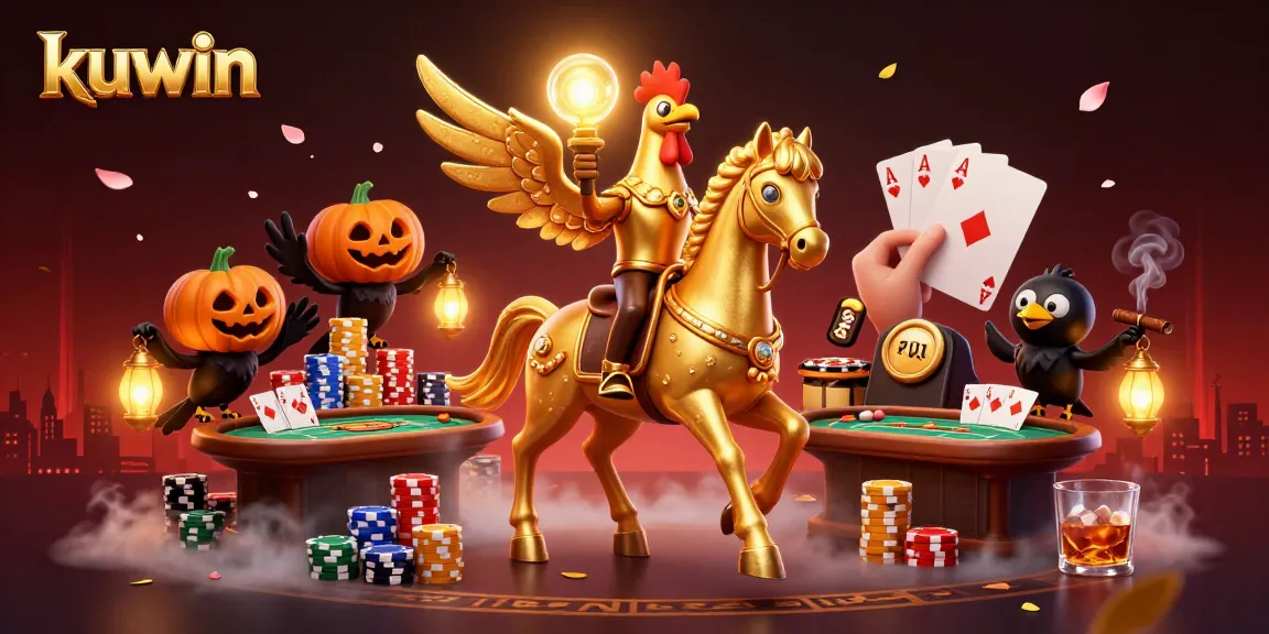 Kuwin showcases a vibrant casino scene with a golden rooster riding a spectral horse amidst dynamic gambling elements.