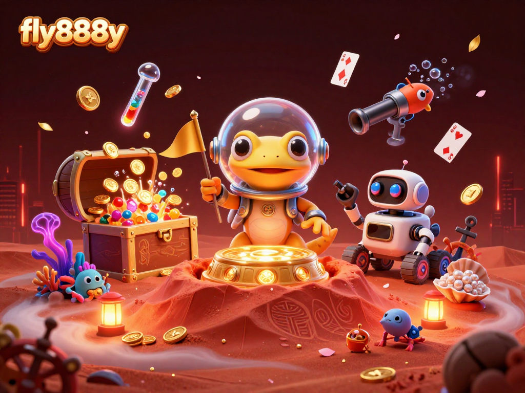 Experience the thrill of gambling at fly888y with a Martian gecko uncovering golden casino treasures.