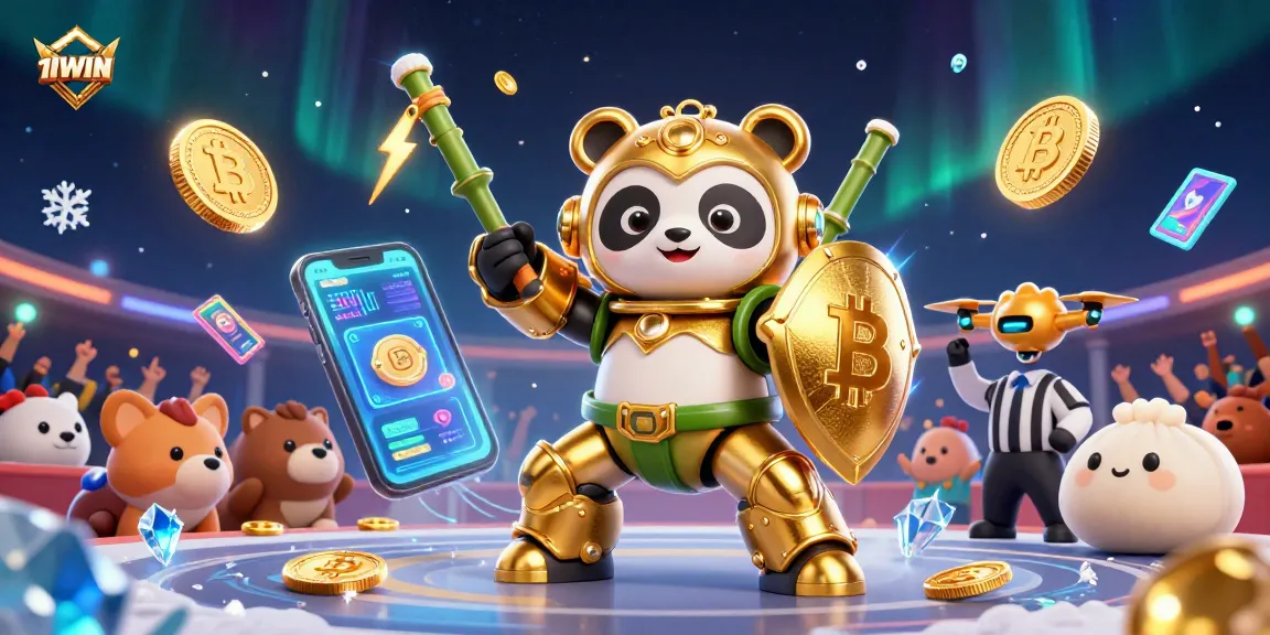 Engage with thrilling 11WIN action amidst crypto symbols and a vibrant arena atmosphere.