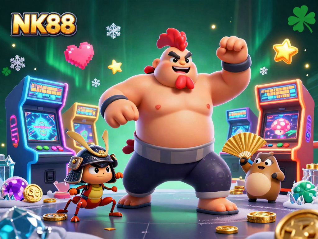 Engage with the vibrant NK88 scene featuring a powerful sumo wrestler rooster amidst arcade and casino elements.