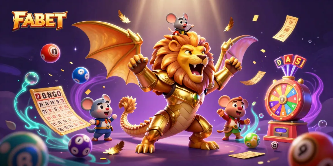 FABET lottery excitement with a roaring chimera and bouncing number balls in colorful 3D illustration.