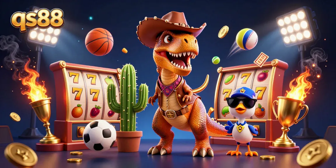 Experience thrilling games with qs88's cartoon characters like T-Rex and vibrant slot reels.