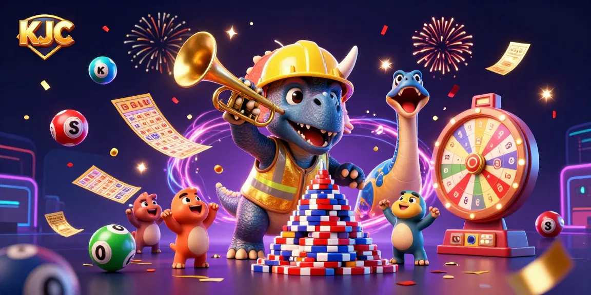KJC invites excitement with a vibrant scene featuring a triceratops building poker chips, celebrating wins with fun game elements.