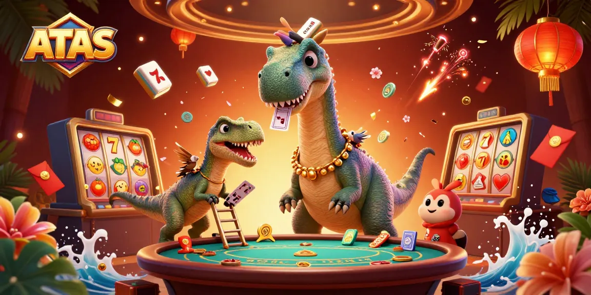 ATAS Casino featuring vibrant gaming action with a colossal dinosaur and a clever raptor dealer.