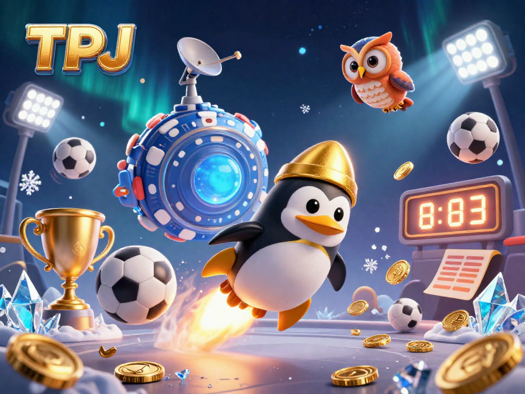 TPJ penguin blasts towards a casino space station, surrounded by sports betting elements.