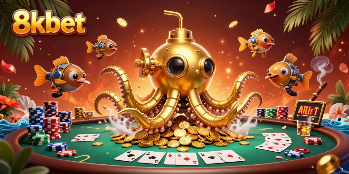 Experience high stakes at 8xbet with a golden kraken submarine amid poker chips and cards.