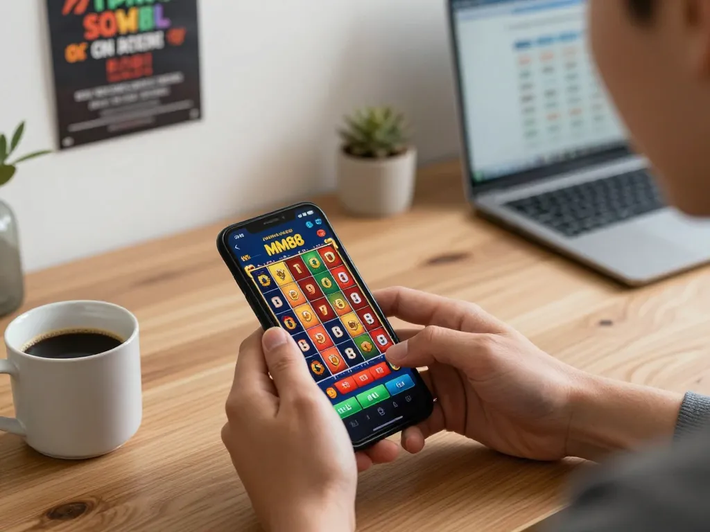 Online casino gameplay on MM88 app with focused user and vibrant slots interface.