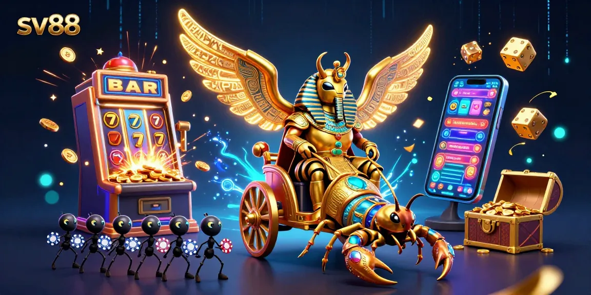 Experience the vibrant casino world of sv88 with a dynamic 3D illustration of a golden scarab beetle and jackpot elements.
