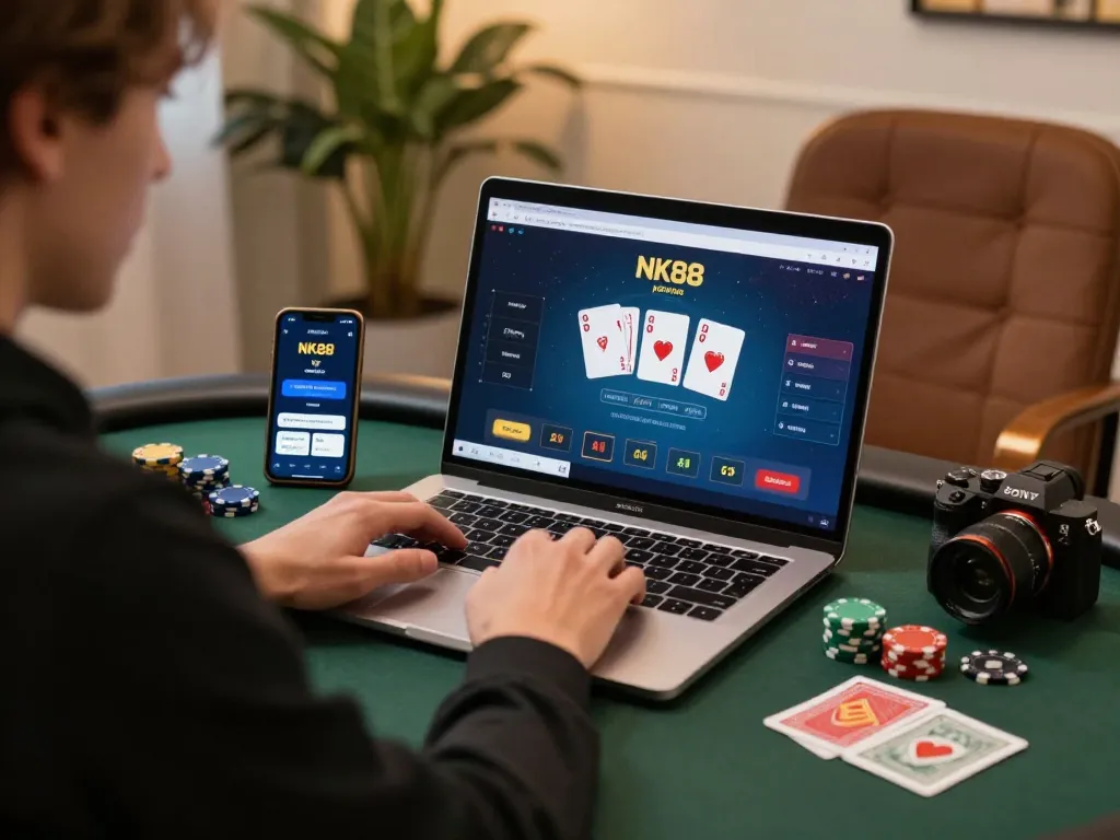 Engaged player strategizing with NK88 poker app on laptop and smartphone.