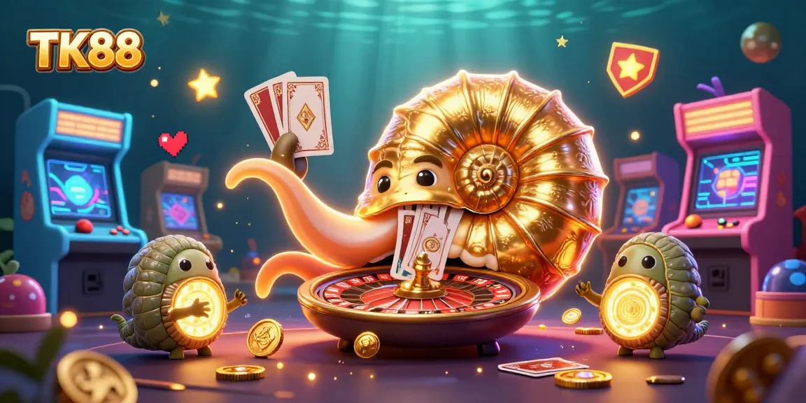 Engage with TK88's vibrant casino gaming scene featuring an ancient nautilus roulette wheel and glowing cards.