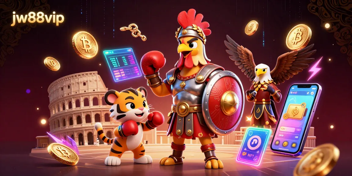Witness the lively scene of jw88vip with a gladiator rooster and crypto elements in an energetic casino illustration.