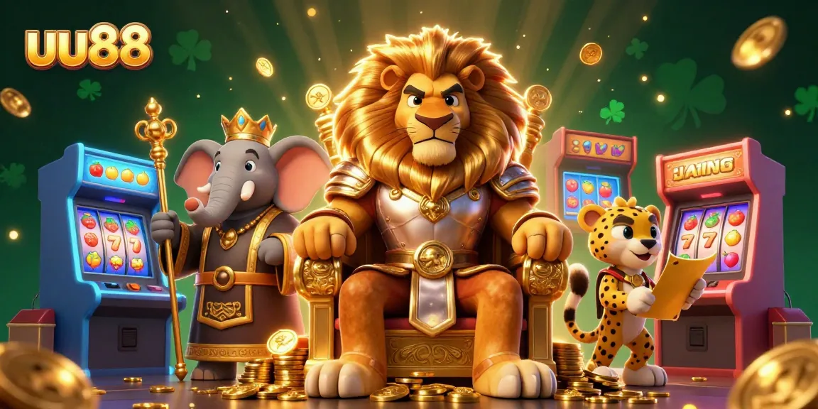 Experience the excitement of uu88 with a 3D illustration featuring a lion king, elephant advisor, and cheetah messenger amidst casino elements.