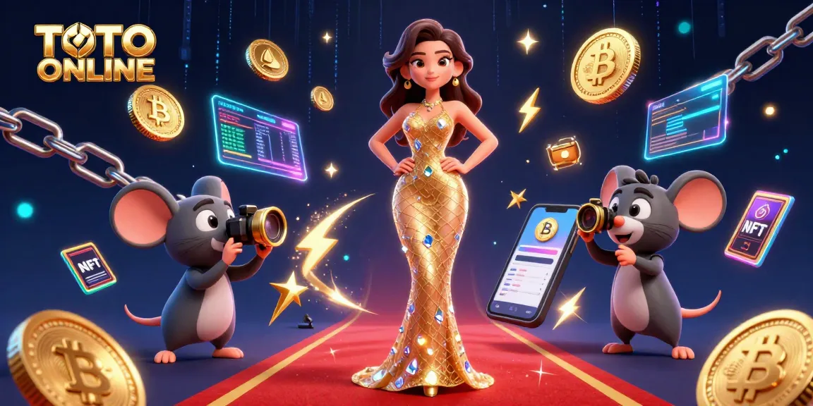 Experience TOTO ONLINE excitement with a glamorous casino scene showcasing a glamorous woman, cryptocurrency, and vibrant elements.