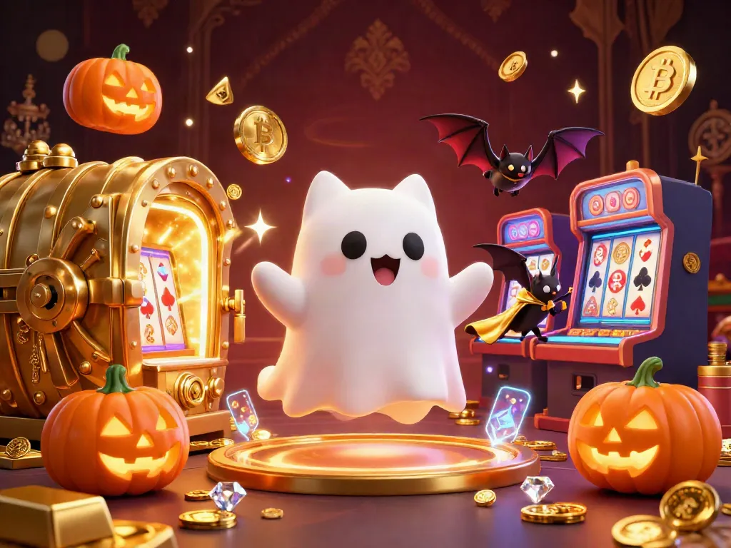 Experience the thrills of a crypto casino with a ghost cat and vampire bat in a vibrant scene.