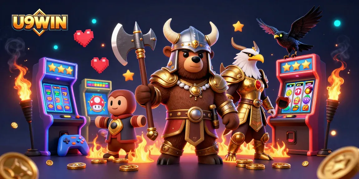 Engage with U9WIN through vibrant 3D casino gaming illustration featuring Viking characters and classic game elements.