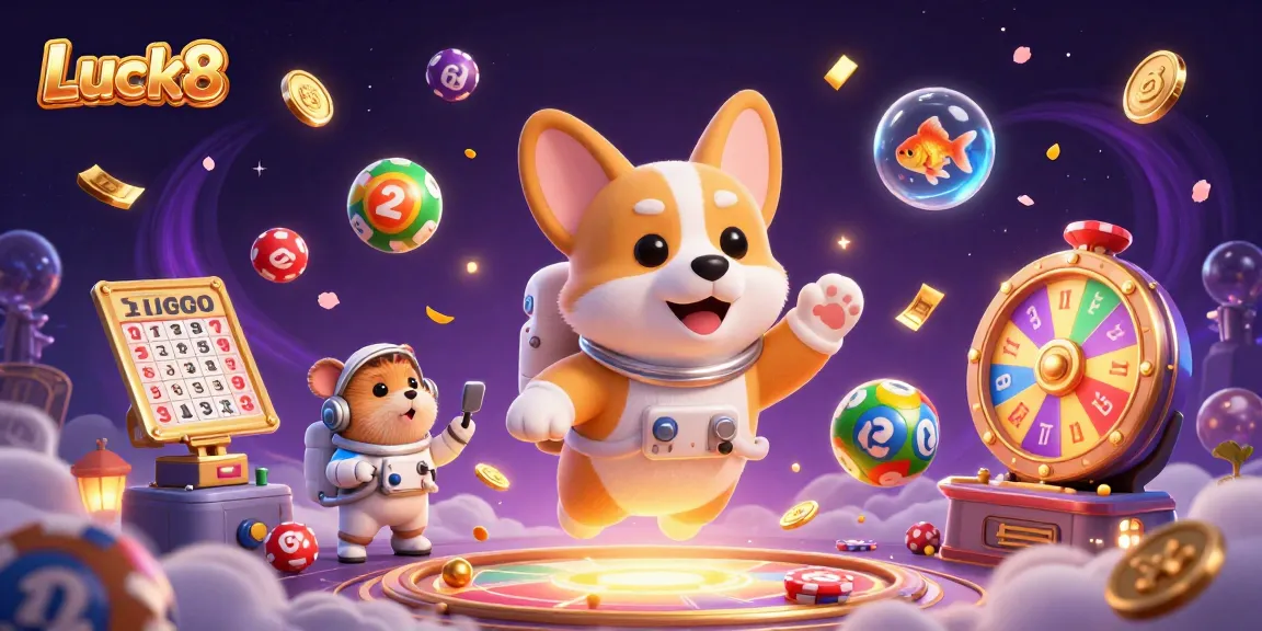 Join Luck8's thrilling universe as a corgi astronaut floats amidst vibrant casino elements.