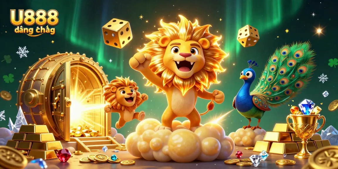 U888 đẳng cấp shines with vibrant casino elements and golden treasures in this immersive scene.