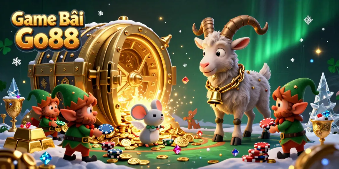 Engage in a festive horror scene of Game Bài Go88 with Krampus, angel mouse, and elf gremlins among gold treasures.