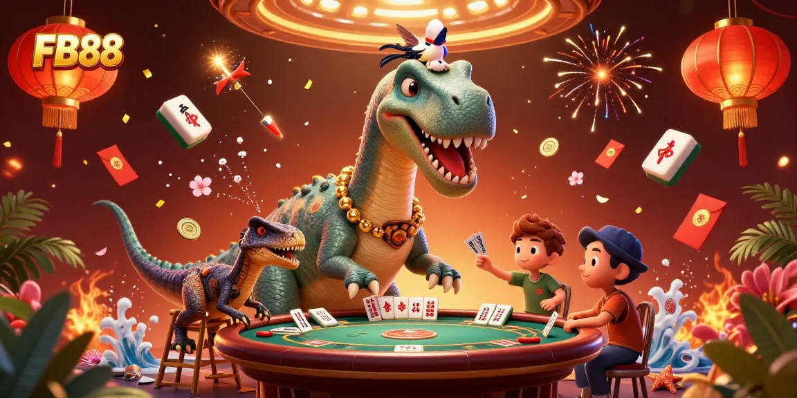 FB88 players enjoy cards dealt by a clever raptor in a vibrant casino scene.